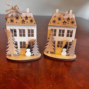 Wooden Glittery Snowy‎ House Christmas Ornaments Snowman & Trees Set Of 2